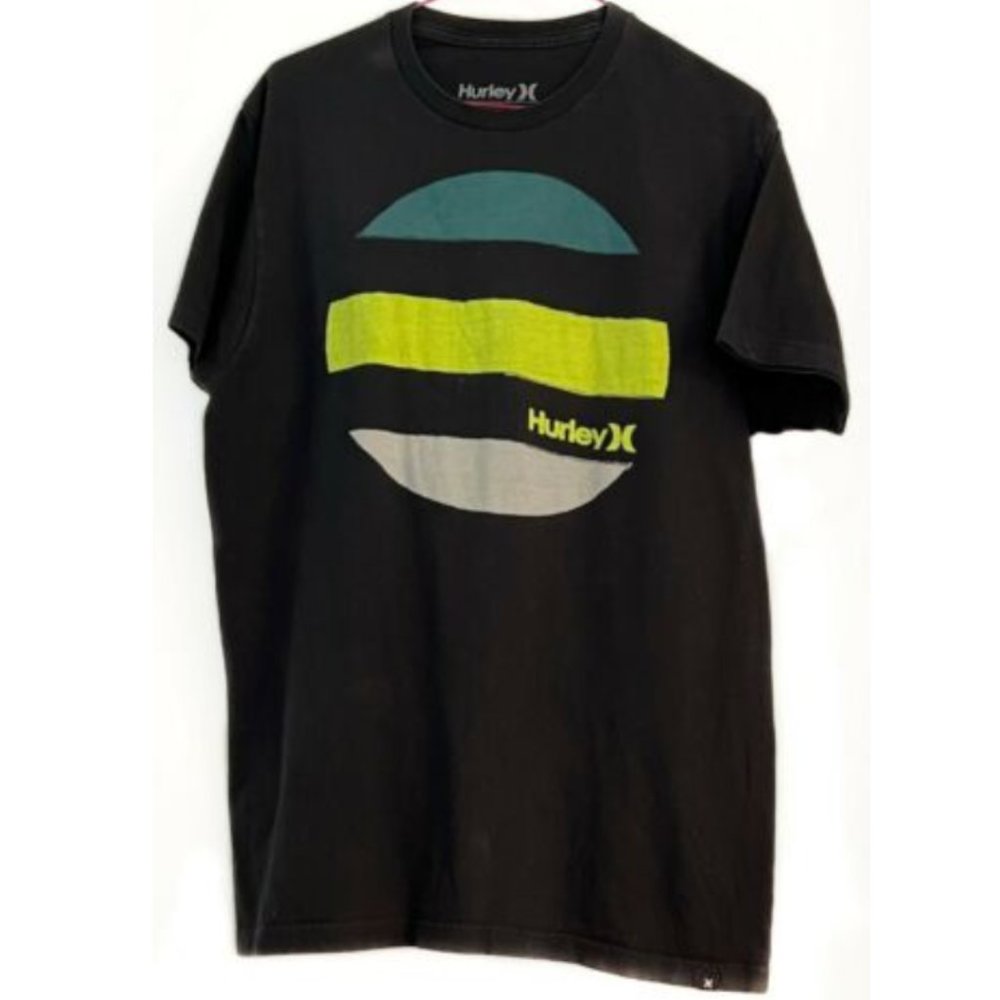 Hurley Mens Black T-Shirt Spell Out Sun Moon Graphic Cotton Size Medium